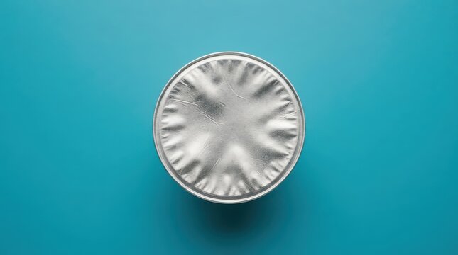 Top view of a round container with a silver foil lid on a vibrant turquoise background