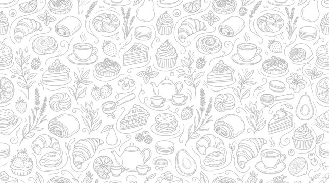 Hand-drawn bakery and coffee pattern
