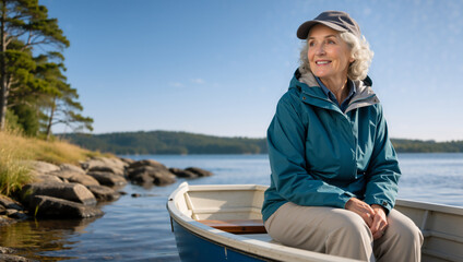 Fototapeta premium Smiling senior woman sitting in a rowboat on a lake. Active older female enjoying outdoor recreation in nature. Retirement lifestyle concept