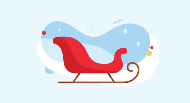 Festive red Christmas sleigh icon positioned on a blue abstract snowy background with white stars and decorative circles.
