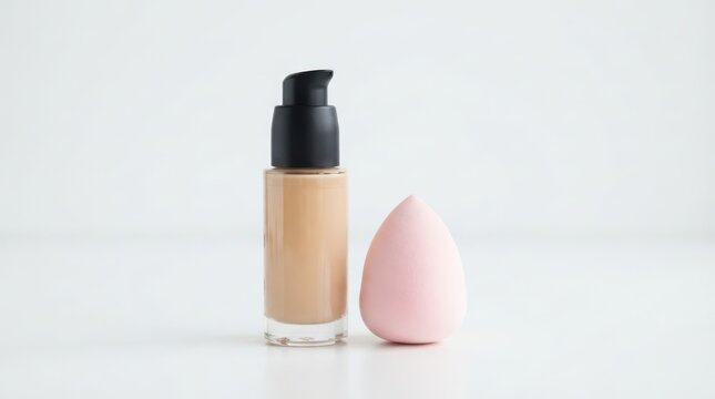 Liquid foundation bottle and pink makeup sponge isolated on white background