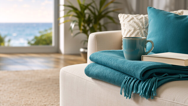 Cozy living room interior with a teal blanket, mug, and book on a sofa. Coastal home decor with a large window overlooking the ocean. Relaxing weekend getaway concept