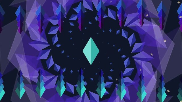Geometric shapes in purple hues.