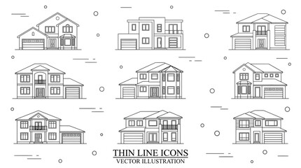 Obraz premium Various modern house designs and architecture in thin line style vector illustration set