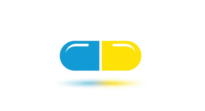 A single blue and yellow medical pill isolated on a white background.