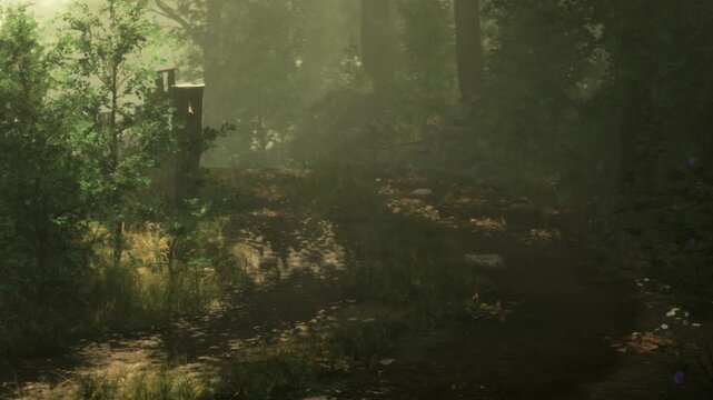 A narrow dirt path winds through a forest. Sunlight shines between the trees, creating a warm glow. Green plants and grass grow along the sides of the path. The scene shows early morning light.