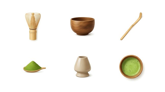 Matcha tea ceremony set bamboo bowl powder isolated white