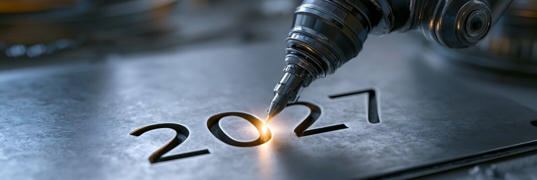 Industrial laser machine etching the year 2027 onto metallic surface plate