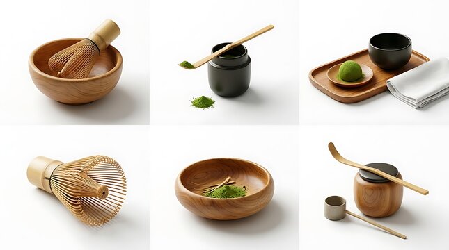 Matcha green tea ceremony tools set bamboo wooden bowl white