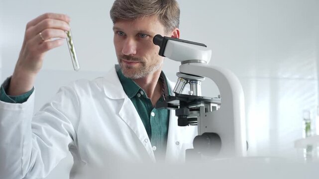 Adult male medical researcher analyzing samples with an advanced microscope, emphasizing safety protocols in a modern laboratory setting. Medicine, healthcare and science concept