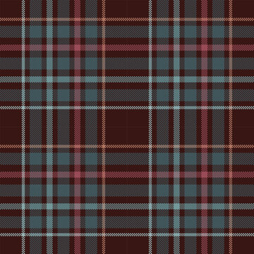 red plaid fabric. Rich dark brown plaid tartan seamless pattern accented with muted red and teal check lines.