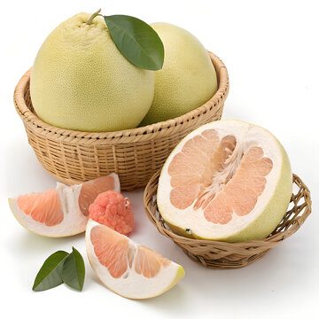 Fresh ripe wax apples in woven basket with sliced fruit on white background