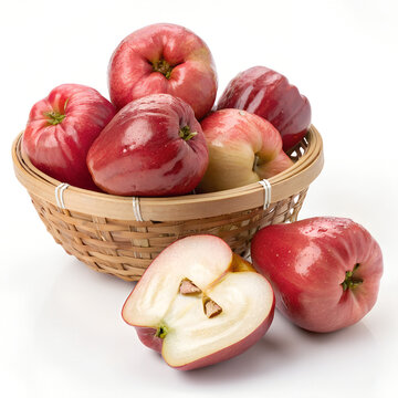 Fresh ripe wax apples in woven basket with sliced fruit on white background