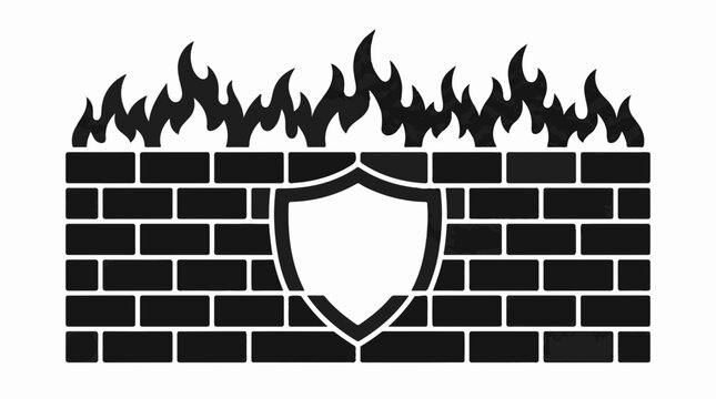 Shield emblem icon on a brick wall with flames