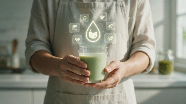 Person Holding Mung Bean Drink With Floating Plant Milk Nutrition Icons Overlay