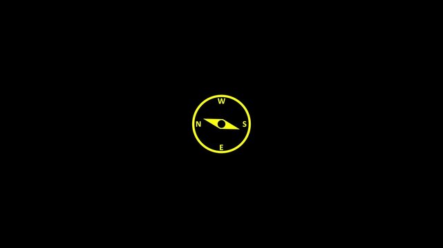 Minimalist yellow compass rotating on black background, navigation and direction concept animation orientation