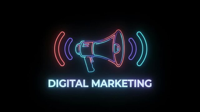 Neon glowing megaphone with colorful light effects on dark background