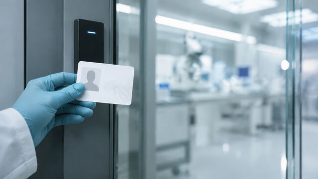 Customizable id card held by gloved hand near laboratory access reader with secure technology and clean modern interior setting