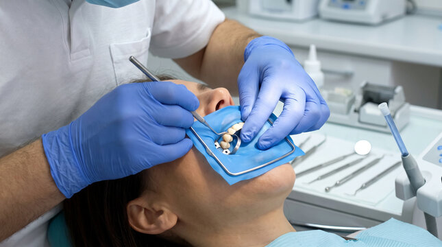 Dentist using dental dam on patient during oral procedure  