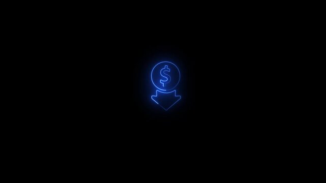 Neon dollar coin with downward arrow animation for financial market decline and economic loss concept