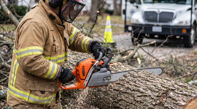 Firefighter using chainsaw to cut fallen tree in urban area  