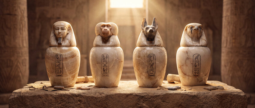 Egyptian canopic jars displayed in an ancient tomb with soft lighting  