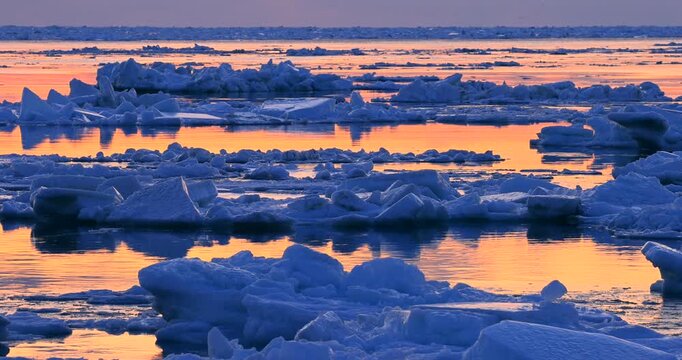 朝焼けのオホーツク海の流氷