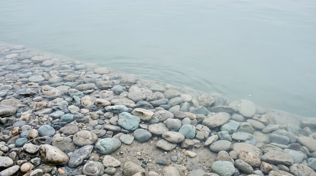 Smooth gray limestone pebbles resting under clear, calm water at a serene lake shore background.
