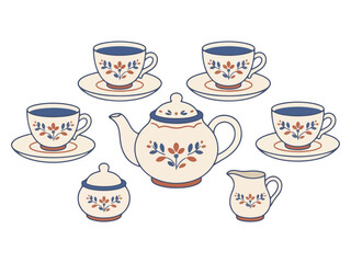 Obraz premium Aesthetic ceramic tea set illustration featuring blue and orange floral details