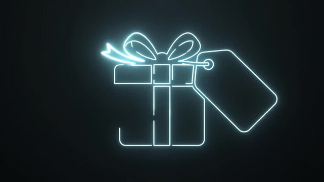 Neon wireframe gift box with ribbon and bow on dark background