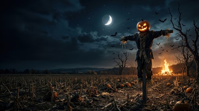 Halloween scarecrow with glowing pumpkin head standing in harvested cornfield at night with crescent moon, flying bats and distant bonfire.
