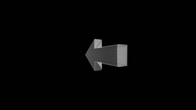 Monochrome 3D pixelated arrow icon rotating in a seamless loop on dark background studio shot center view for digital interface UI design retro arcade gaming graphic overlay concept visual
