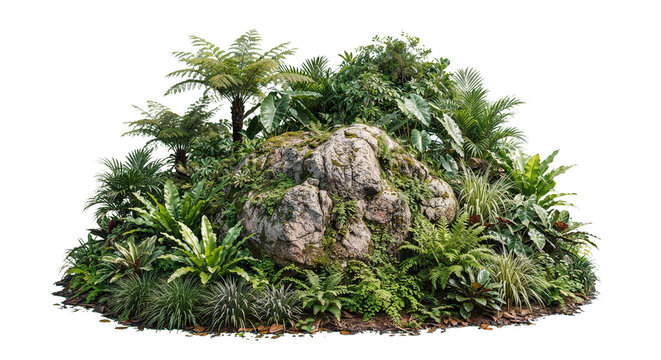 A garden decorated with rocks and tropical plants on a transparent background