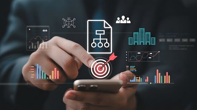 Concept of data analysis and strategy in business, depicted by icons and charts on a phone screen