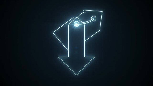 Neon glowing price tag with hook on dark background