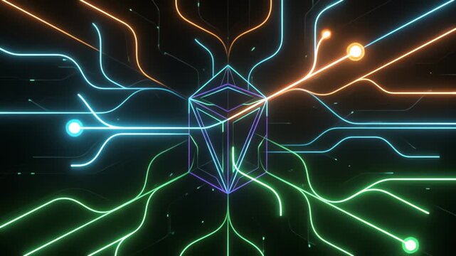 Futuristic glowing cube with digital rays in dark space background