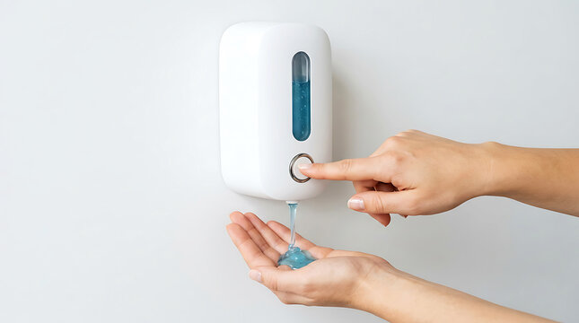 Person pressing white soap dispenser with blue pump