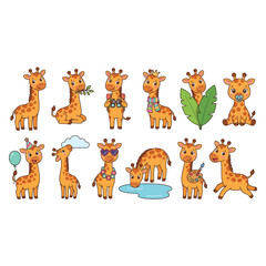 Obraz premium Cartoon Giraffes Engaged in Playful Everyday Activities.