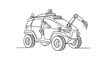 Naklejka premium Futuristic Autonomous Robot Vehicle with Robotic Arm - Single Line Art
