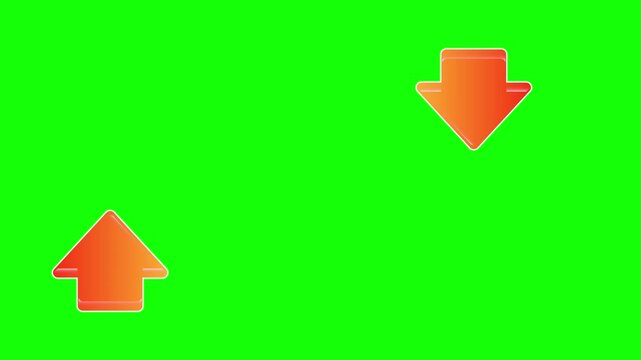 Orange 3D arrows pointing in opposite directions are arranged diagonally across a bright green chroma key background.