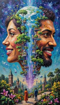 Artistic surreal painting of a smiling woman and man surrounded by nature and fantasy elements