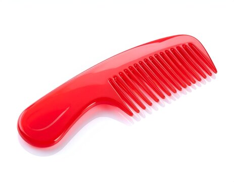 Red plastic hair comb on white background.