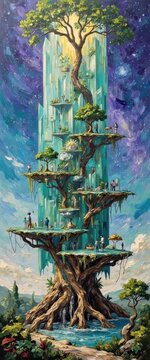 Enchanting fantasy tree with floating islands and starry sky background