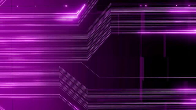 Purple glowing circuit streams moving across geometric block surfaces on dark background.