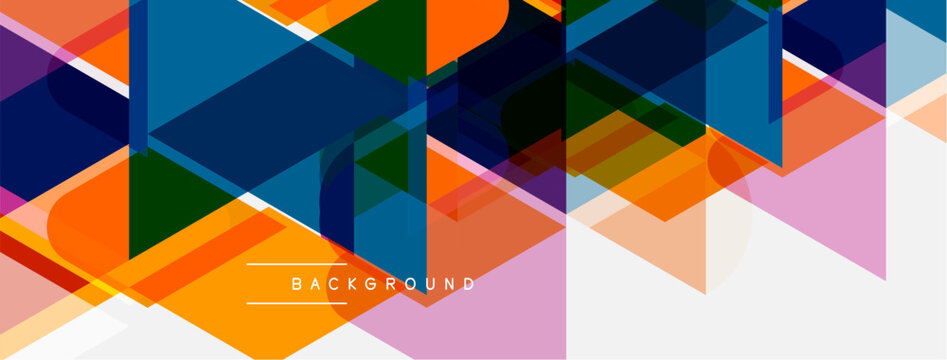 Abstract geometric shapes overlap, creating vibrant colorful background. Rectangles, triangles dominate composition. Modern design element.