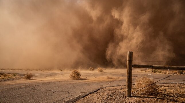 Massive dust storm haboob blowing across rural desert road with tumbleweeds