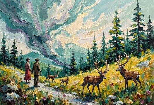 Romantic Couple Walking Along Forest Trail with Deer and Mountain Scenery
