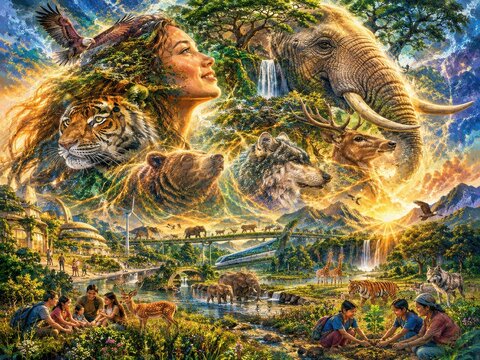 Majestic jungle scene featuring woman, tiger, elephants, deer, and landscape with waterfalls and wildlife