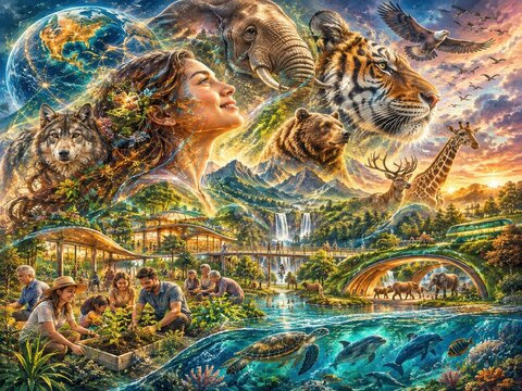 Vibrant Nature and Wildlife Scene with Human Interaction and Eco Environment