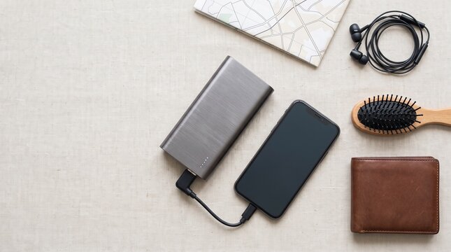 Power bank charging mobile phone top view travel essential accessories flat lay
